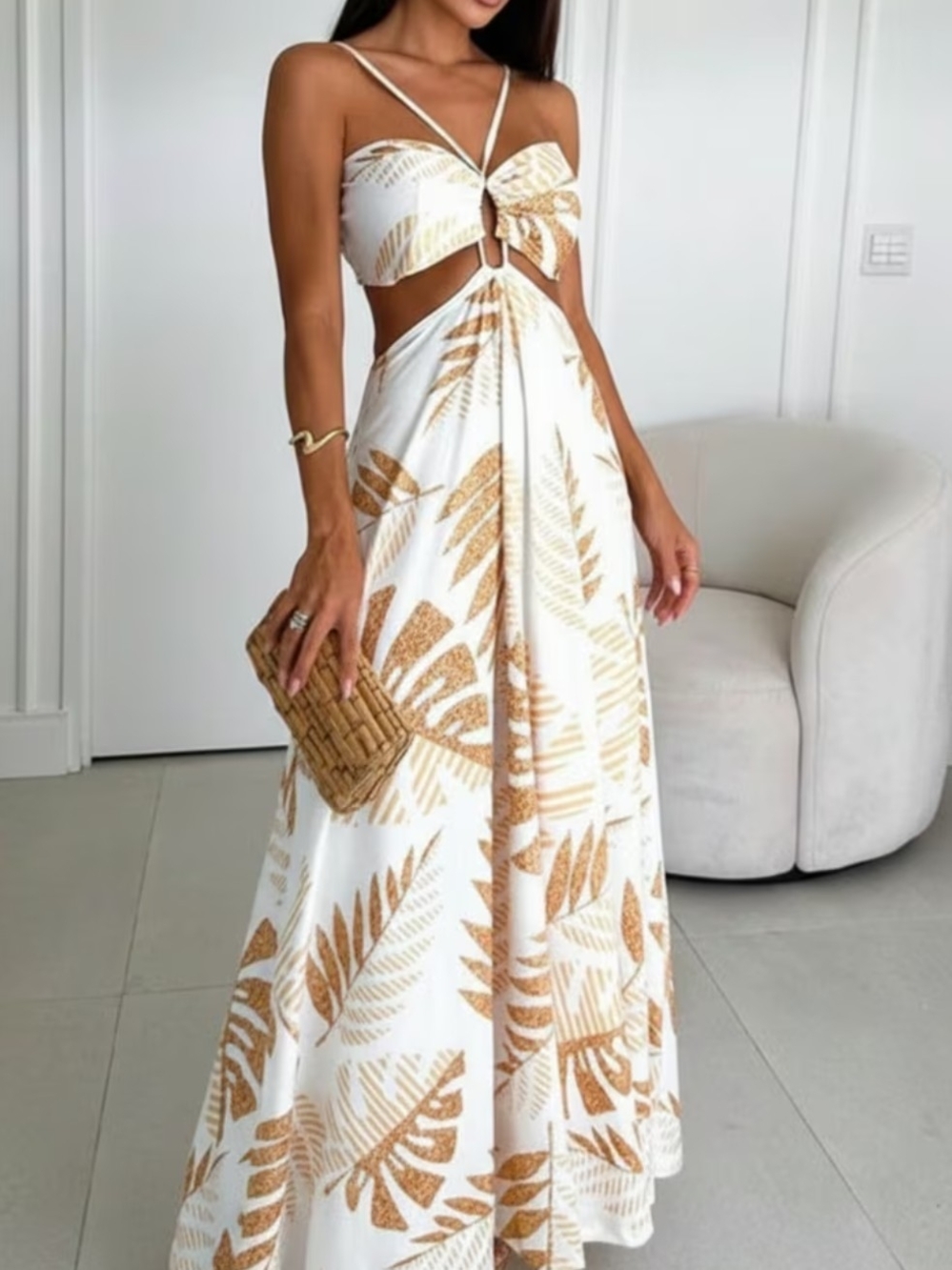 Women’s White and Tan Leaf Maxi Dress with Cutout